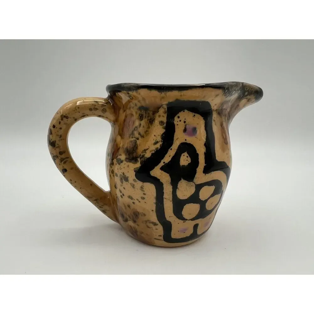 Kazuri Kenya Handmade Art Pottery Small Tan & Black Creamer Pitcher 3” Signed